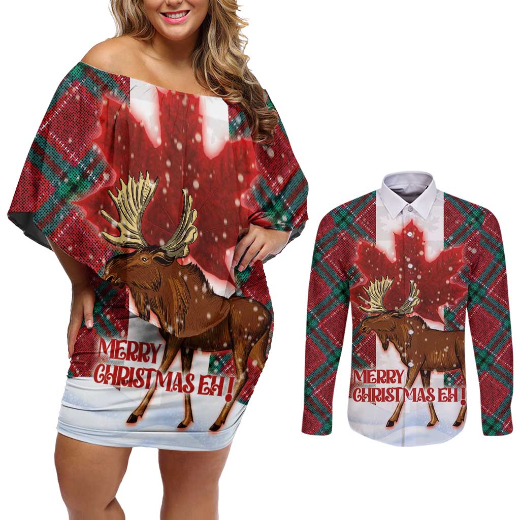 Canadian Christmas - Moose and Maple Retro Style Couples Matching Off Shoulder Short Dress and Long Sleeve Button Shirt - Wonder Print Shop