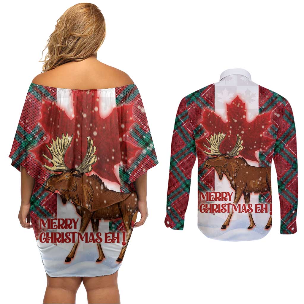 Canadian Christmas - Moose and Maple Retro Style Couples Matching Off Shoulder Short Dress and Long Sleeve Button Shirt - Wonder Print Shop