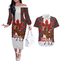 Canadian Christmas - Moose and Maple Retro Style Couples Matching Off The Shoulder Long Sleeve Dress and Hawaiian Shirt - Wonder Print Shop