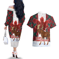 Canadian Christmas - Moose and Maple Retro Style Couples Matching Off The Shoulder Long Sleeve Dress and Hawaiian Shirt - Wonder Print Shop