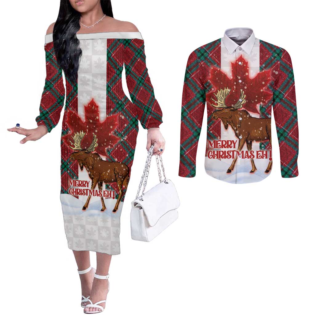 Canadian Christmas - Moose and Maple Retro Style Couples Matching Off The Shoulder Long Sleeve Dress and Long Sleeve Button Shirt