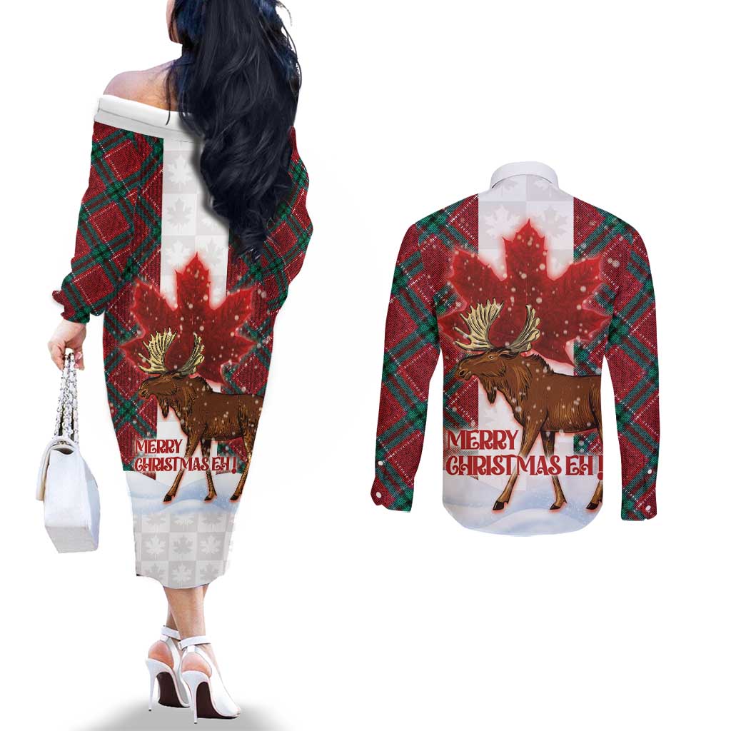 Canadian Christmas - Moose and Maple Retro Style Couples Matching Off The Shoulder Long Sleeve Dress and Long Sleeve Button Shirt