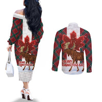 Canadian Christmas - Moose and Maple Retro Style Couples Matching Off The Shoulder Long Sleeve Dress and Long Sleeve Button Shirt