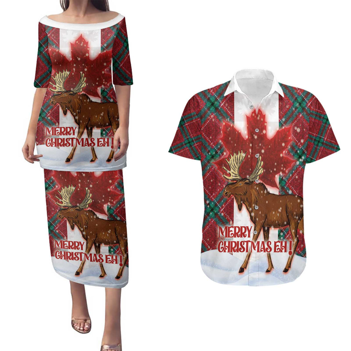 Canadian Christmas - Moose and Maple Retro Style Couples Matching Puletasi and Hawaiian Shirt - Wonder Print Shop