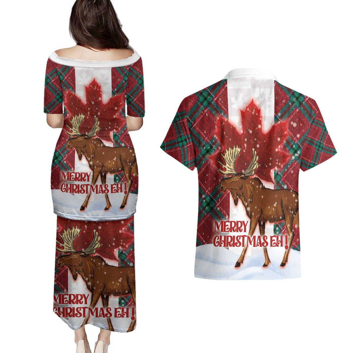 Canadian Christmas - Moose and Maple Retro Style Couples Matching Puletasi and Hawaiian Shirt - Wonder Print Shop