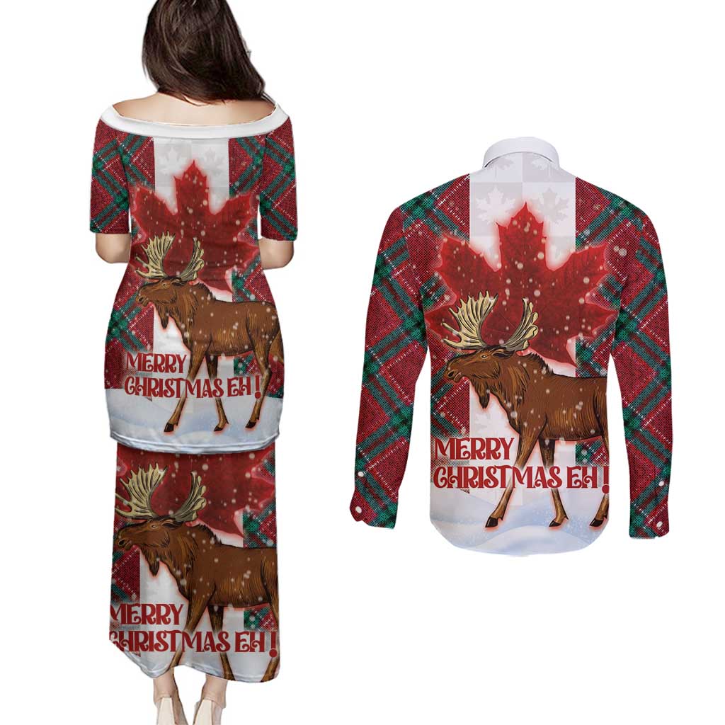 Canadian Christmas - Moose and Maple Retro Style Couples Matching Puletasi and Long Sleeve Button Shirt - Wonder Print Shop