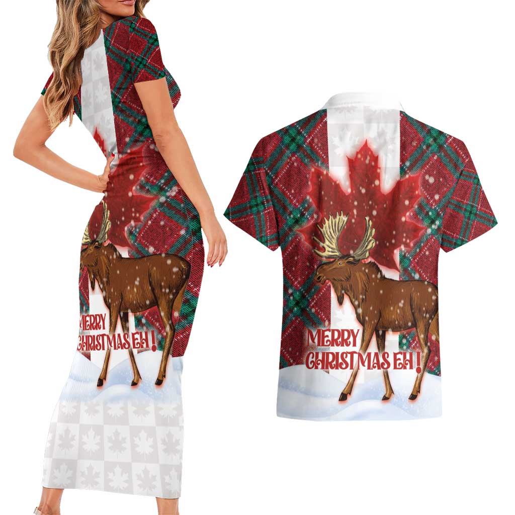 Canadian Christmas - Moose and Maple Retro Style Couples Matching Short Sleeve Bodycon Dress and Hawaiian Shirt - Wonder Print Shop
