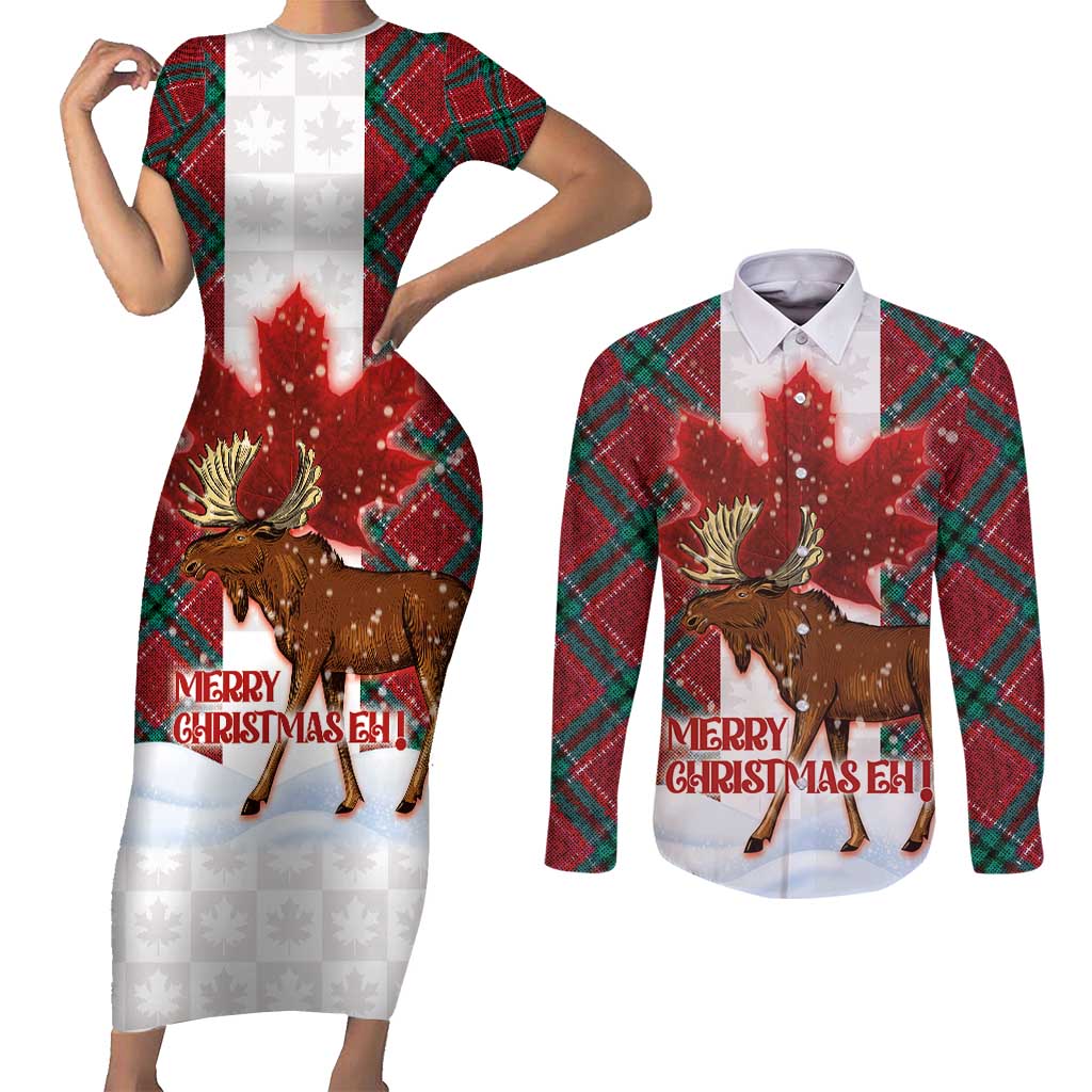 Canadian Christmas - Moose and Maple Retro Style Couples Matching Short Sleeve Bodycon Dress and Long Sleeve Button Shirt - Wonder Print Shop