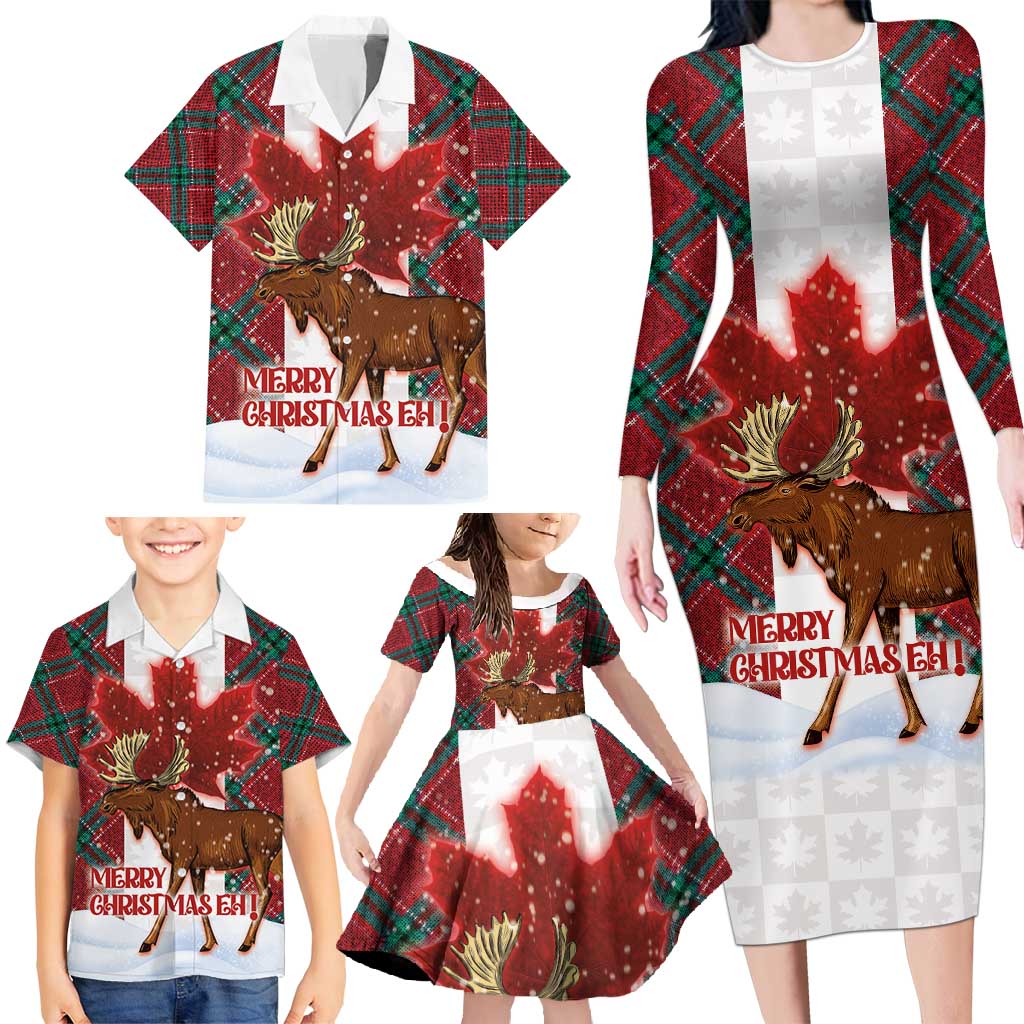 Canadian Christmas - Moose and Maple Retro Style Family Matching Long Sleeve Bodycon Dress and Hawaiian Shirt - Wonder Print Shop