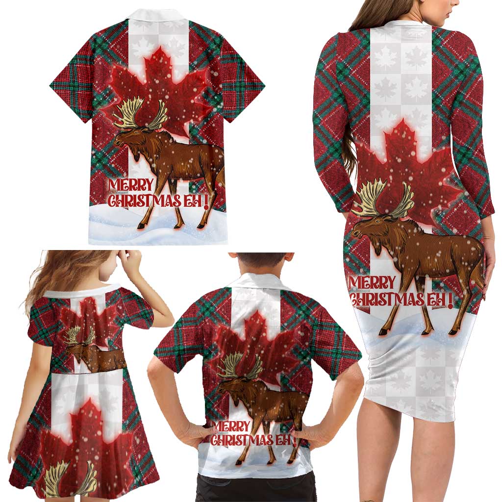 Canadian Christmas - Moose and Maple Retro Style Family Matching Long Sleeve Bodycon Dress and Hawaiian Shirt - Wonder Print Shop