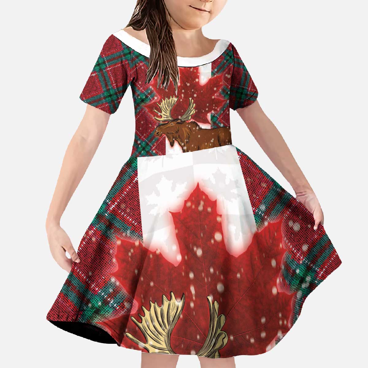 Canadian Christmas - Moose and Maple Retro Style Family Matching Off The Shoulder Long Sleeve Dress and Hawaiian Shirt - Wonder Print Shop