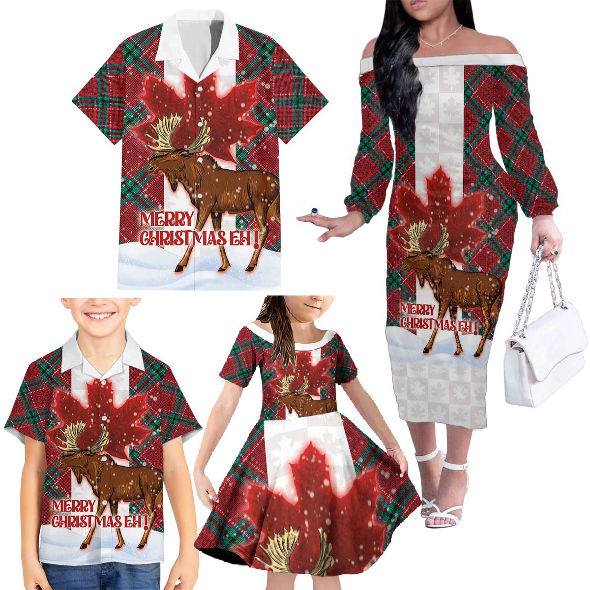 Canadian Christmas - Moose and Maple Retro Style Family Matching Off The Shoulder Long Sleeve Dress and Hawaiian Shirt - Wonder Print Shop