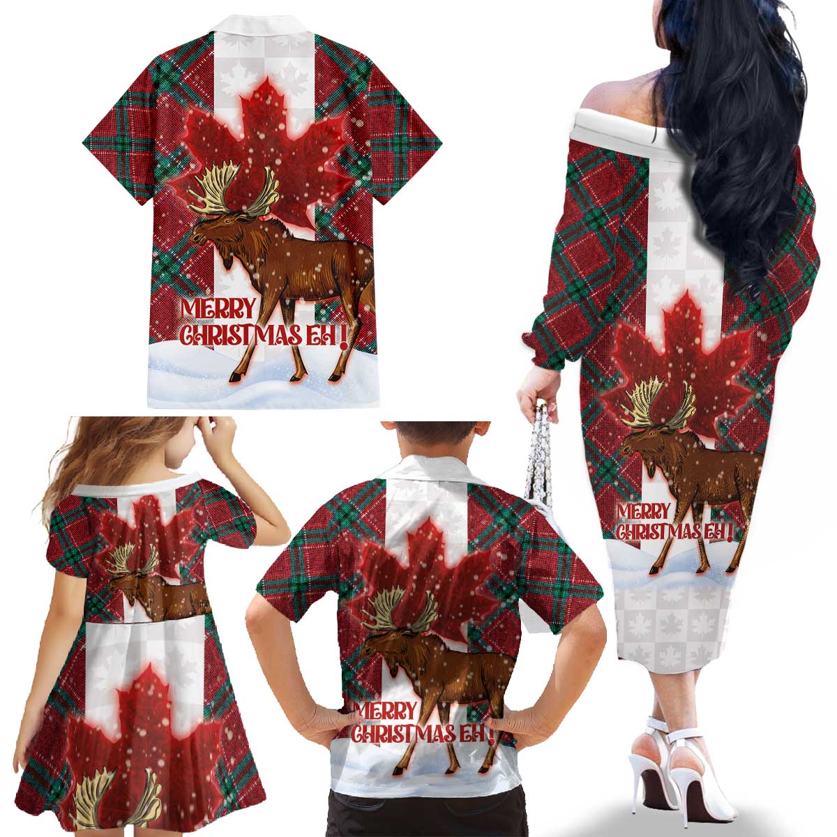 Canadian Christmas - Moose and Maple Retro Style Family Matching Off The Shoulder Long Sleeve Dress and Hawaiian Shirt - Wonder Print Shop