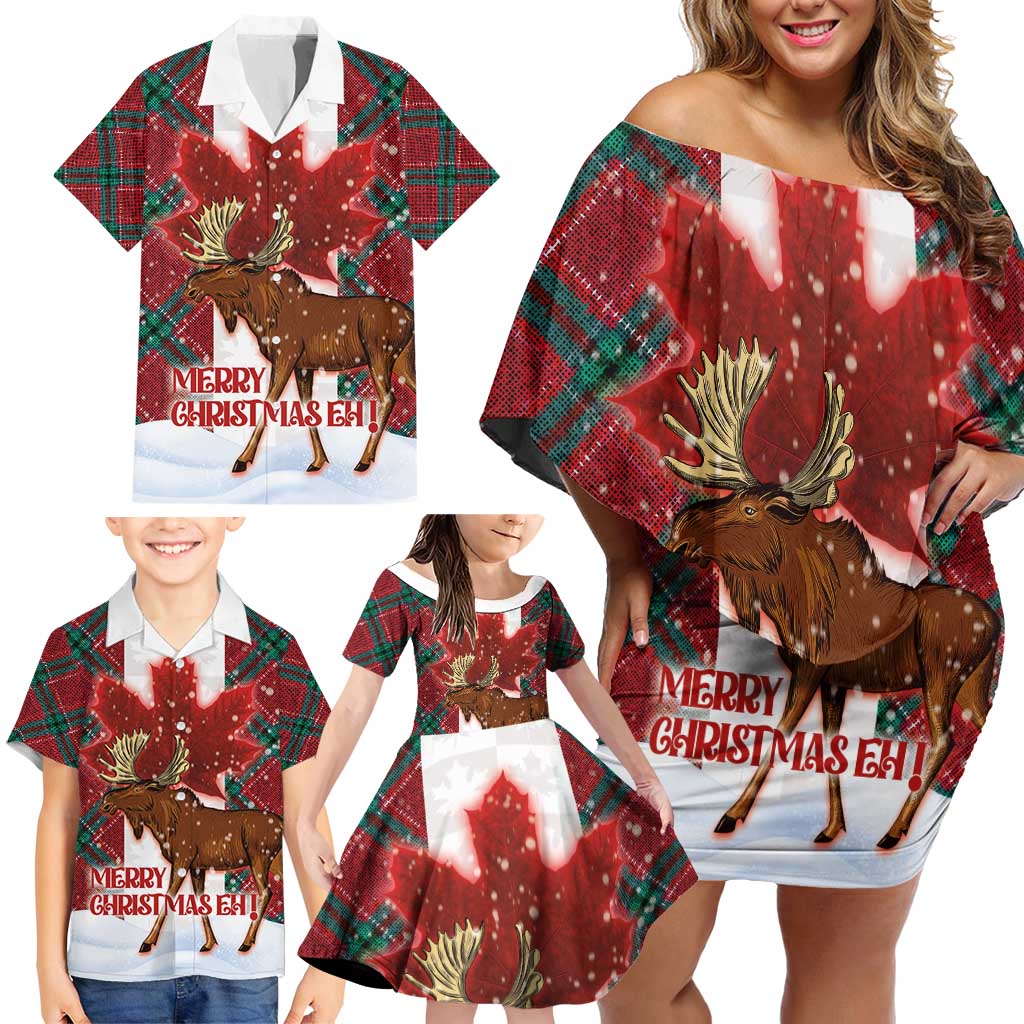 Canadian Christmas - Moose and Maple Retro Style Family Matching Off Shoulder Short Dress and Hawaiian Shirt - Wonder Print Shop