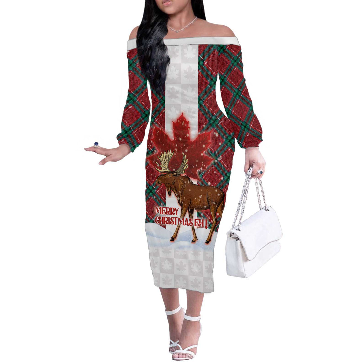 Canadian Christmas - Moose and Maple Retro Style Off The Shoulder Long Sleeve Dress - Wonder Print Shop