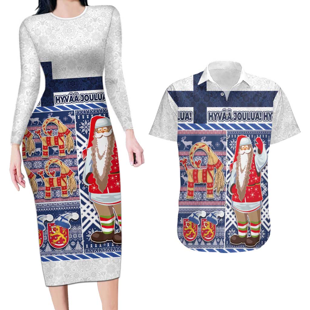 Yule Goat Joulupukki Finnish Christmas Couples Matching Long Sleeve Bodycon Dress and Hawaiian Shirt Scandinavian Pattern - Wonder Print Shop