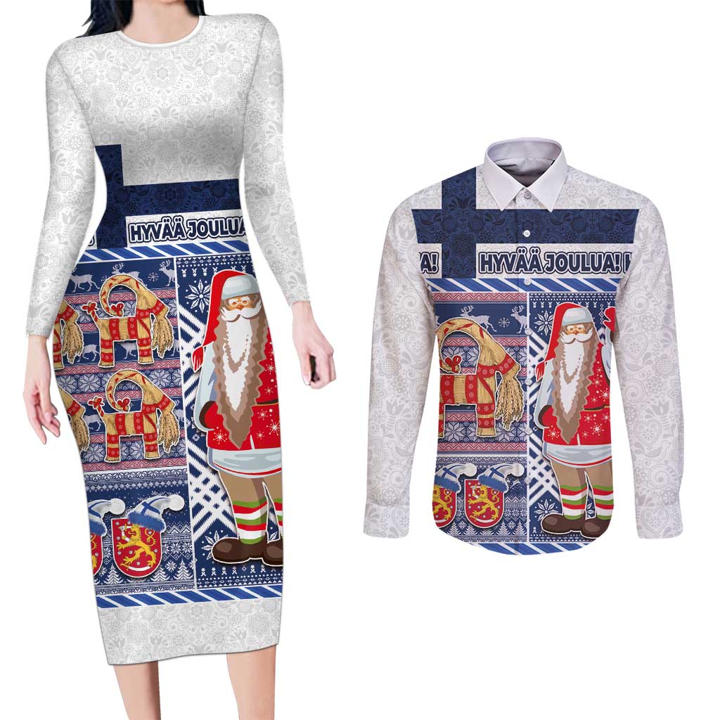 Yule Goat Joulupukki Finnish Christmas Couples Matching Long Sleeve Bodycon Dress and Long Sleeve Button Shirt Scandinavian Pattern - Wonder Print Shop