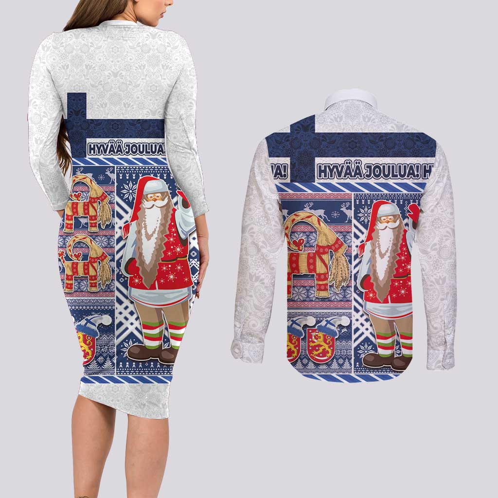 Yule Goat Joulupukki Finnish Christmas Couples Matching Long Sleeve Bodycon Dress and Long Sleeve Button Shirt Scandinavian Pattern - Wonder Print Shop