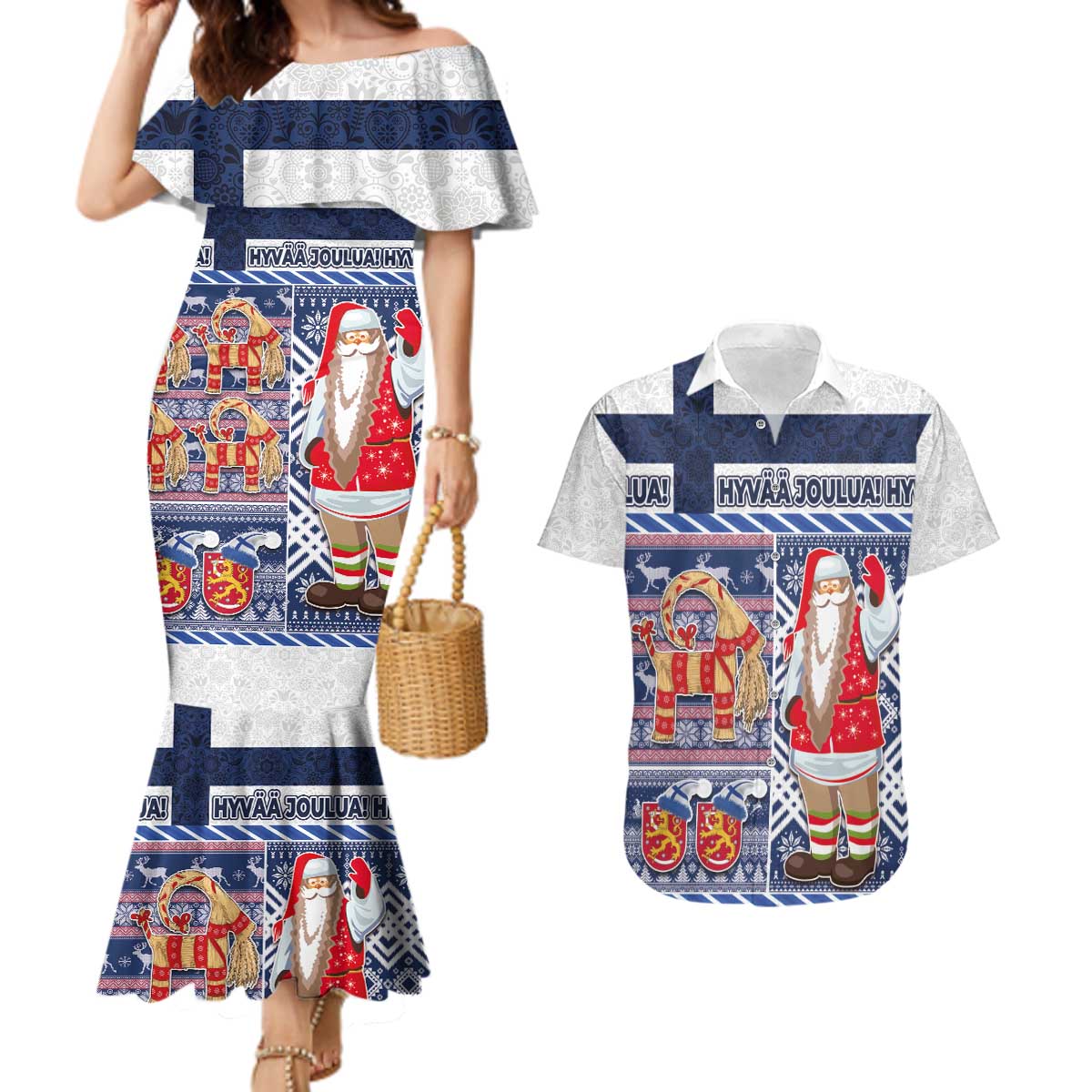 Yule Goat Joulupukki Finnish Christmas Couples Matching Mermaid Dress and Hawaiian Shirt Scandinavian Pattern - Wonder Print Shop