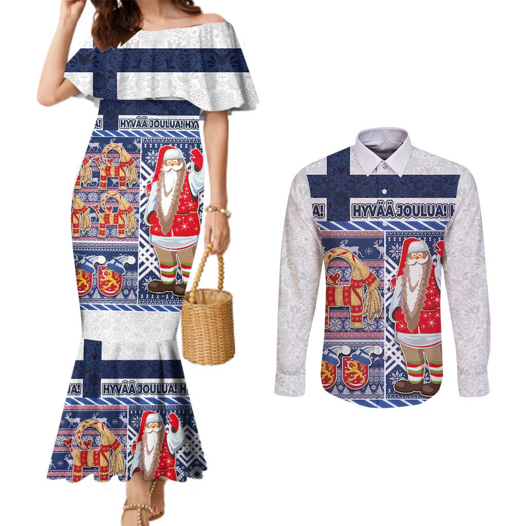 Yule Goat Joulupukki Finnish Christmas Couples Matching Mermaid Dress and Long Sleeve Button Shirt Scandinavian Pattern