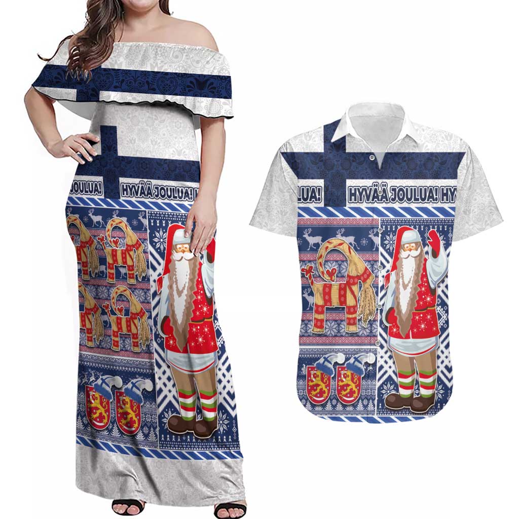 Yule Goat Joulupukki Finnish Christmas Couples Matching Off Shoulder Maxi Dress and Hawaiian Shirt Scandinavian Pattern - Wonder Print Shop
