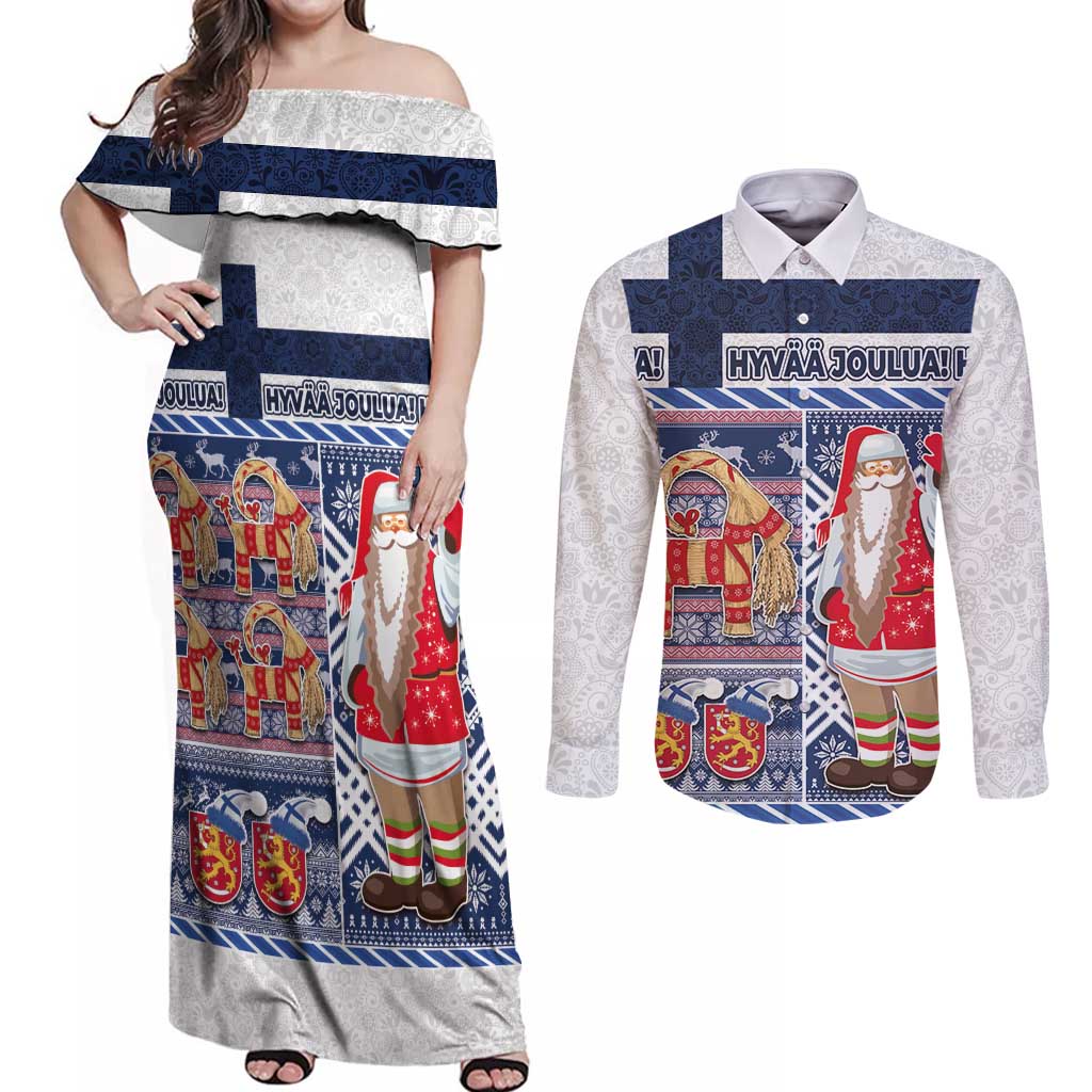 Yule Goat Joulupukki Finnish Christmas Couples Matching Off Shoulder Maxi Dress and Long Sleeve Button Shirt Scandinavian Pattern - Wonder Print Shop