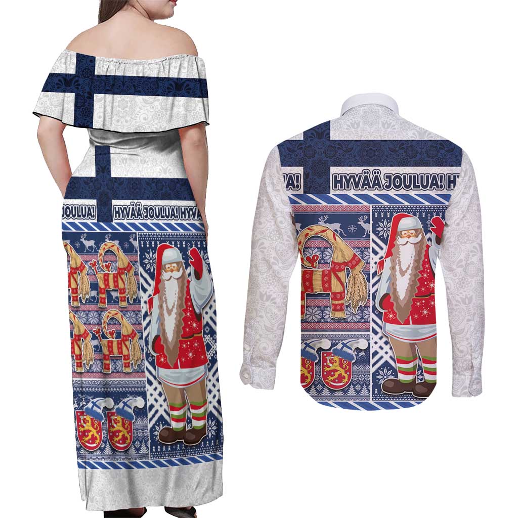 Yule Goat Joulupukki Finnish Christmas Couples Matching Off Shoulder Maxi Dress and Long Sleeve Button Shirt Scandinavian Pattern - Wonder Print Shop