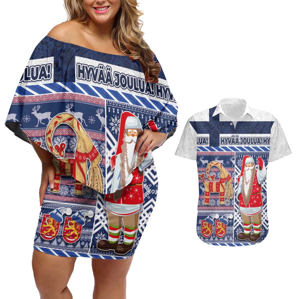 Yule Goat Joulupukki Finnish Christmas Couples Matching Off Shoulder Short Dress and Hawaiian Shirt Scandinavian Pattern - Wonder Print Shop
