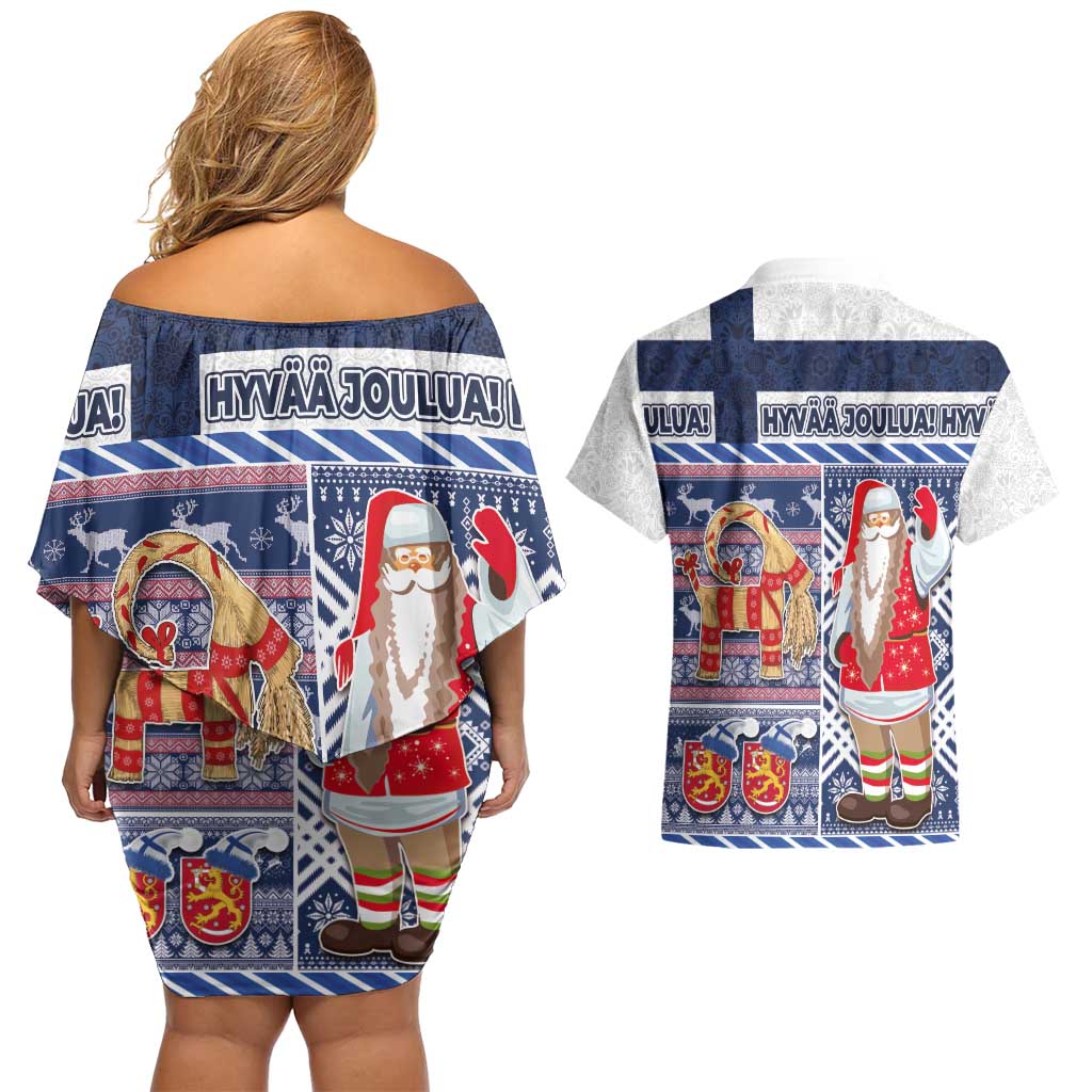 Yule Goat Joulupukki Finnish Christmas Couples Matching Off Shoulder Short Dress and Hawaiian Shirt Scandinavian Pattern - Wonder Print Shop