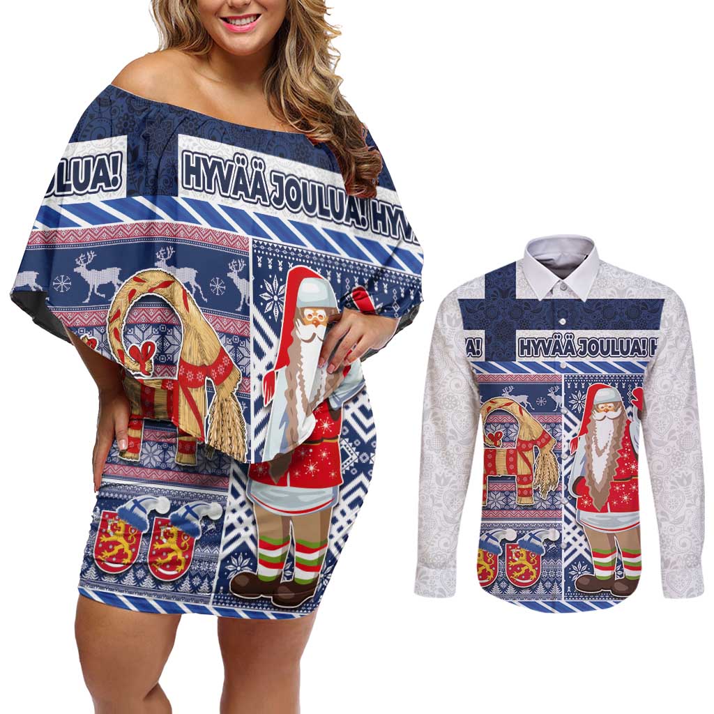 Yule Goat Joulupukki Finnish Christmas Couples Matching Off Shoulder Short Dress and Long Sleeve Button Shirt Scandinavian Pattern - Wonder Print Shop