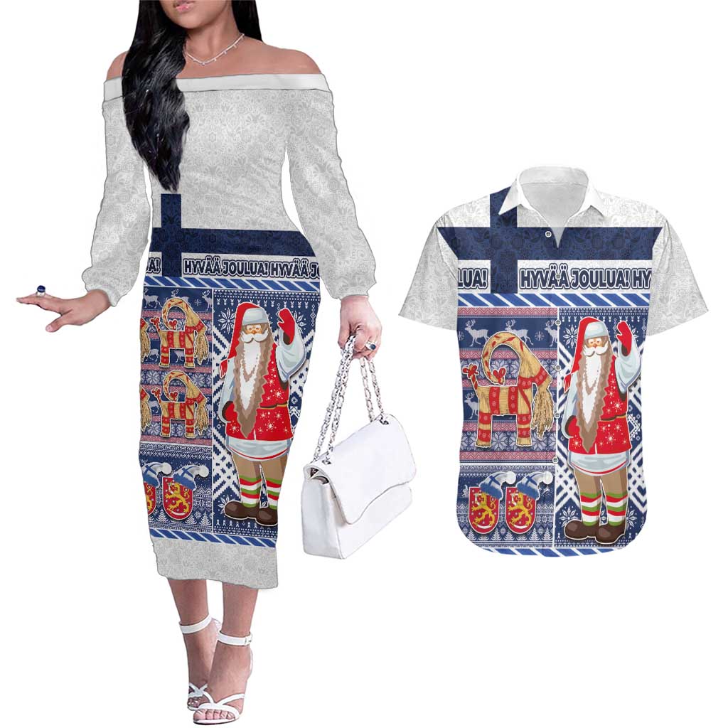 Yule Goat Joulupukki Finnish Christmas Couples Matching Off The Shoulder Long Sleeve Dress and Hawaiian Shirt Scandinavian Pattern - Wonder Print Shop