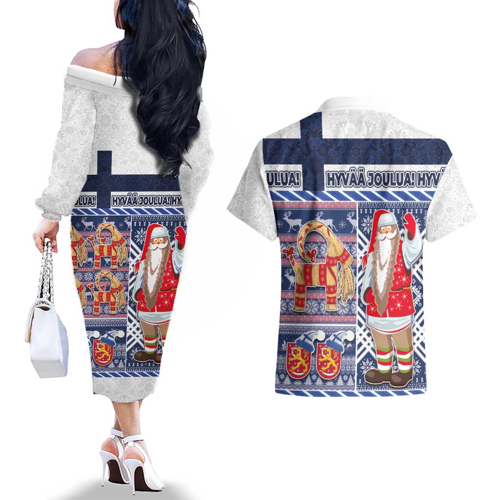 Yule Goat Joulupukki Finnish Christmas Couples Matching Off The Shoulder Long Sleeve Dress and Hawaiian Shirt Scandinavian Pattern - Wonder Print Shop