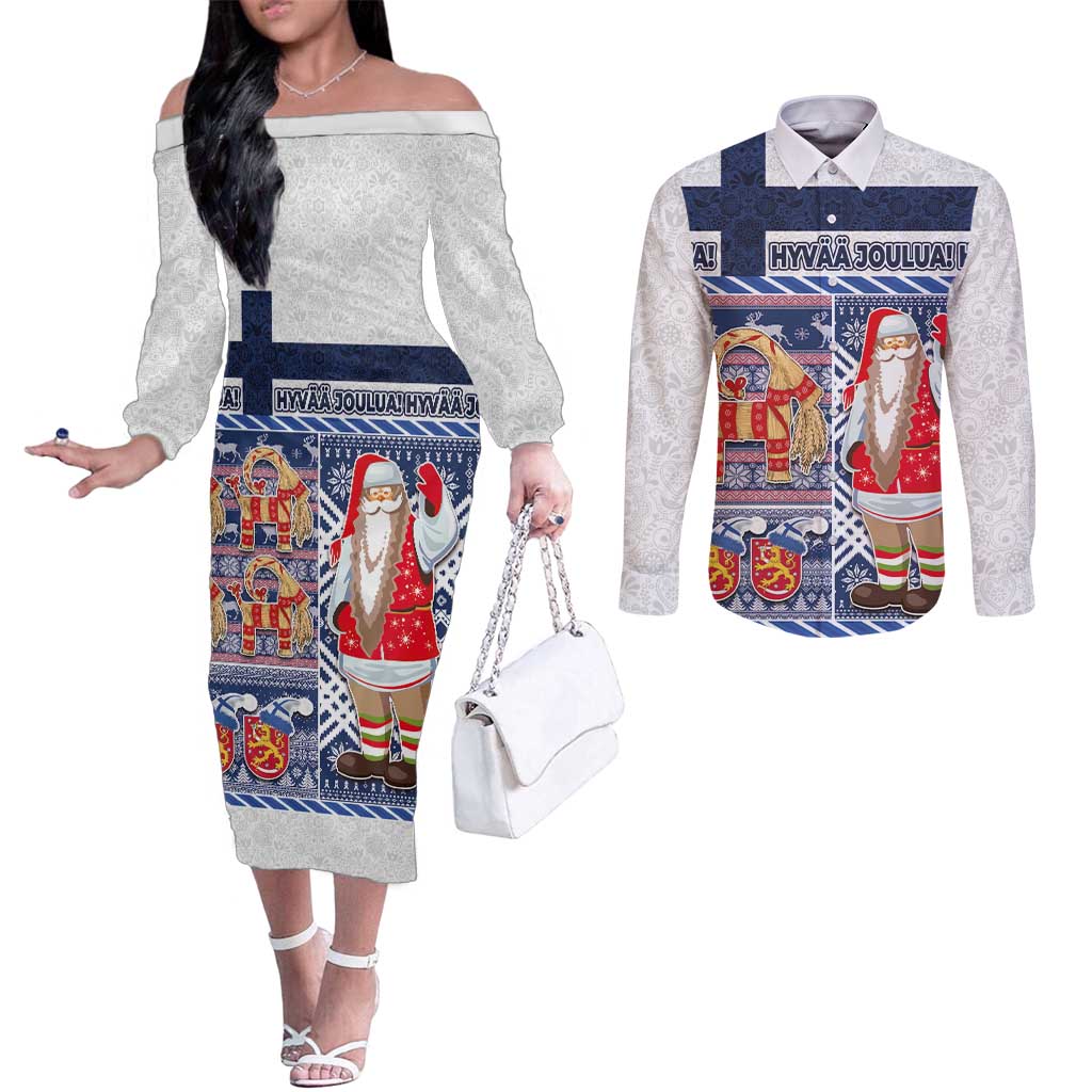 Yule Goat Joulupukki Finnish Christmas Couples Matching Off The Shoulder Long Sleeve Dress and Long Sleeve Button Shirt Scandinavian Pattern