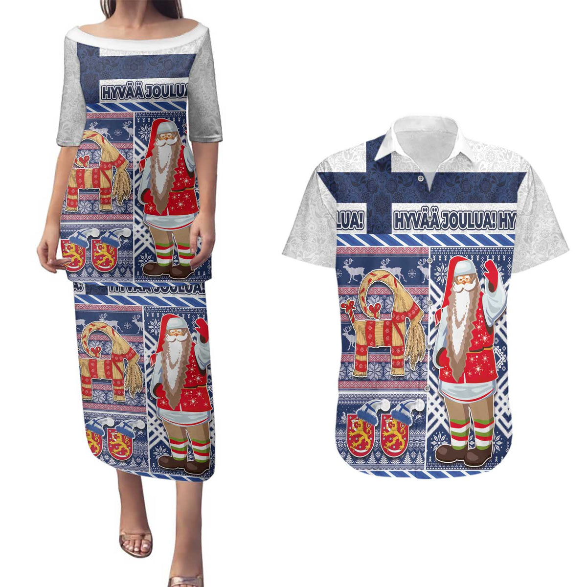 Yule Goat Joulupukki Finnish Christmas Couples Matching Puletasi and Hawaiian Shirt Scandinavian Pattern - Wonder Print Shop
