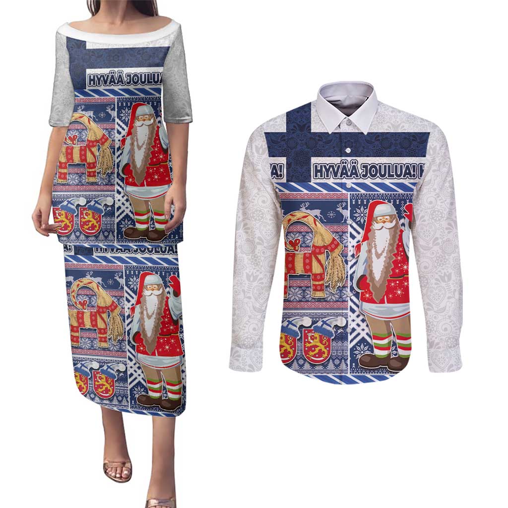 Yule Goat Joulupukki Finnish Christmas Couples Matching Puletasi and Long Sleeve Button Shirt Scandinavian Pattern - Wonder Print Shop