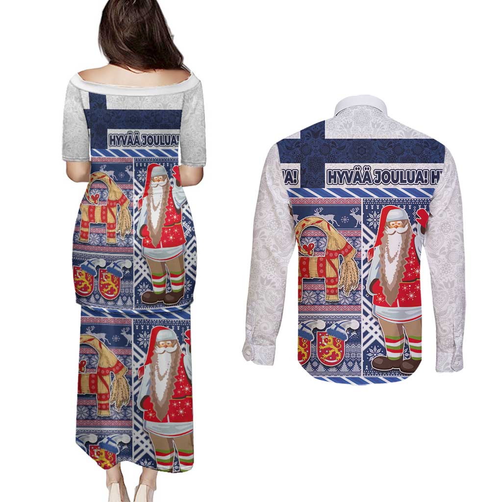 Yule Goat Joulupukki Finnish Christmas Couples Matching Puletasi and Long Sleeve Button Shirt Scandinavian Pattern - Wonder Print Shop