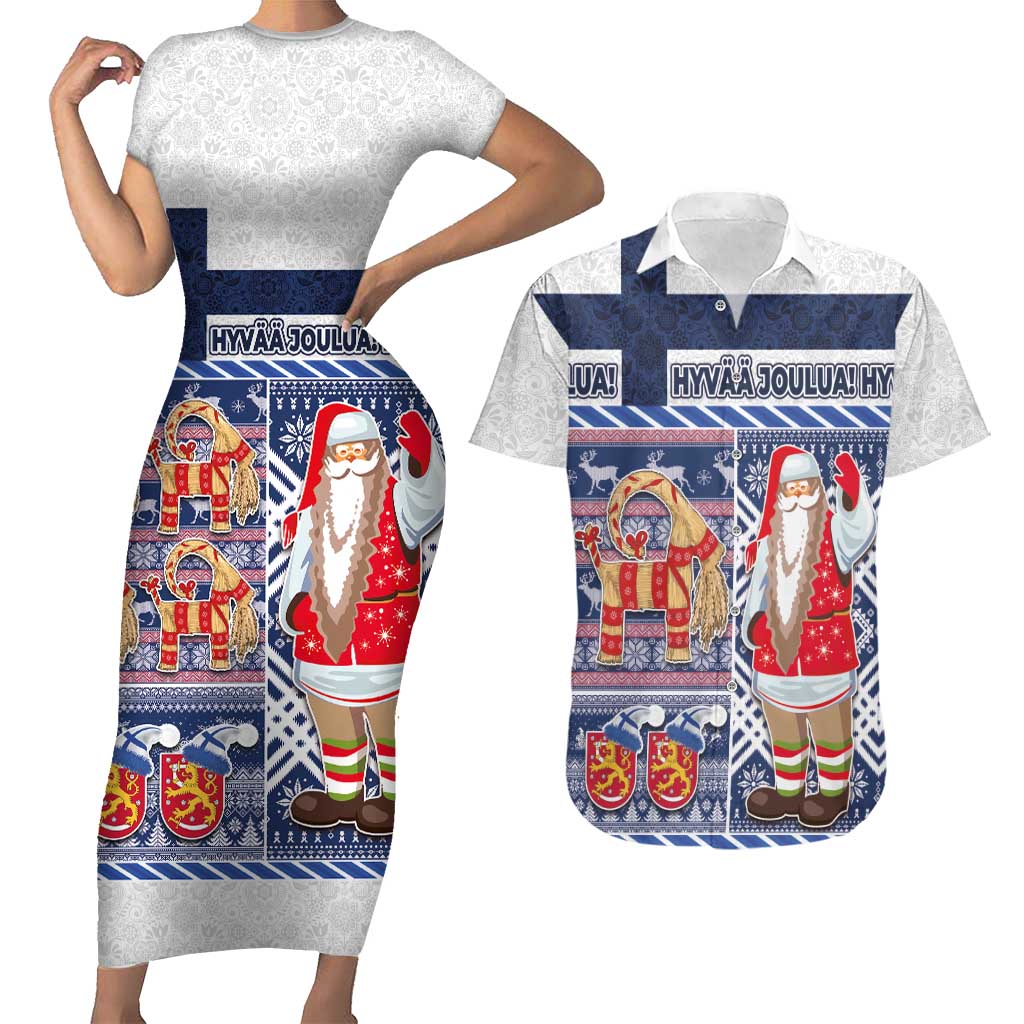 Yule Goat Joulupukki Finnish Christmas Couples Matching Short Sleeve Bodycon Dress and Hawaiian Shirt Scandinavian Pattern - Wonder Print Shop