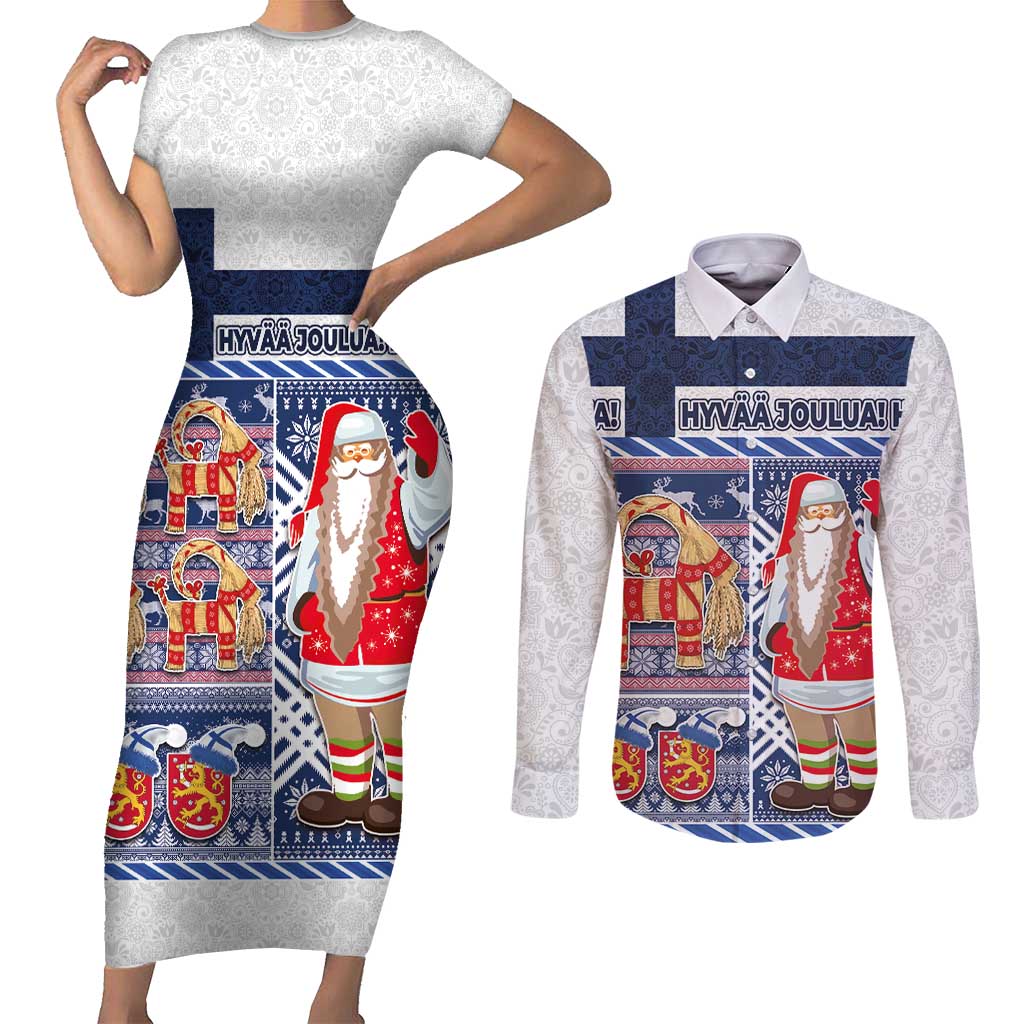 Yule Goat Joulupukki Finnish Christmas Couples Matching Short Sleeve Bodycon Dress and Long Sleeve Button Shirt Scandinavian Pattern - Wonder Print Shop