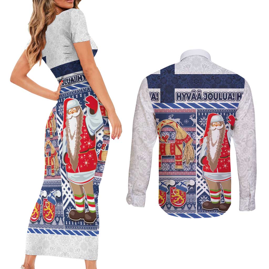 Yule Goat Joulupukki Finnish Christmas Couples Matching Short Sleeve Bodycon Dress and Long Sleeve Button Shirt Scandinavian Pattern - Wonder Print Shop