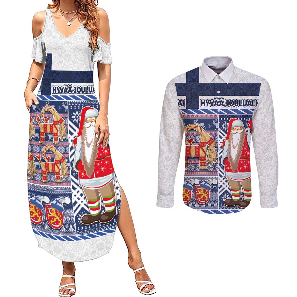 Yule Goat Joulupukki Finnish Christmas Couples Matching Summer Maxi Dress and Long Sleeve Button Shirt Scandinavian Pattern - Wonder Print Shop