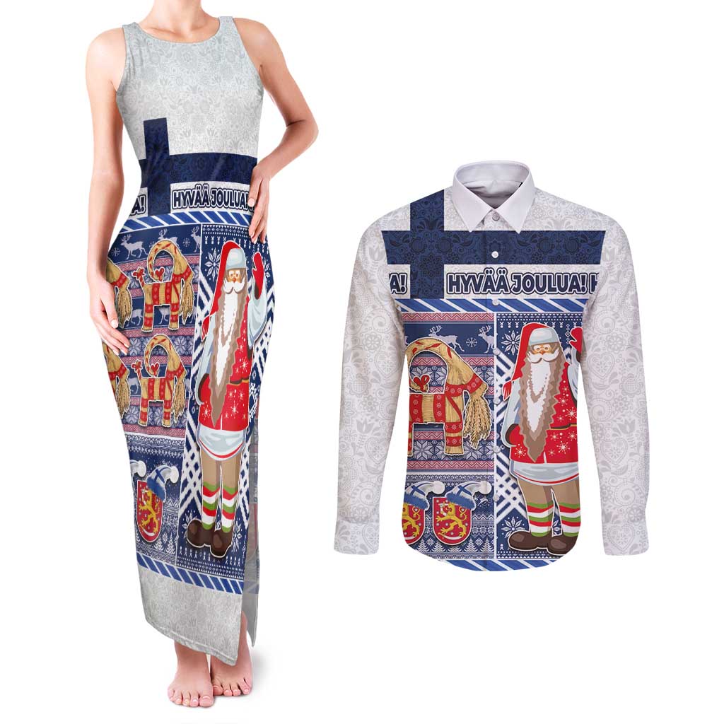 Yule Goat Joulupukki Finnish Christmas Couples Matching Tank Maxi Dress and Long Sleeve Button Shirt Scandinavian Pattern - Wonder Print Shop