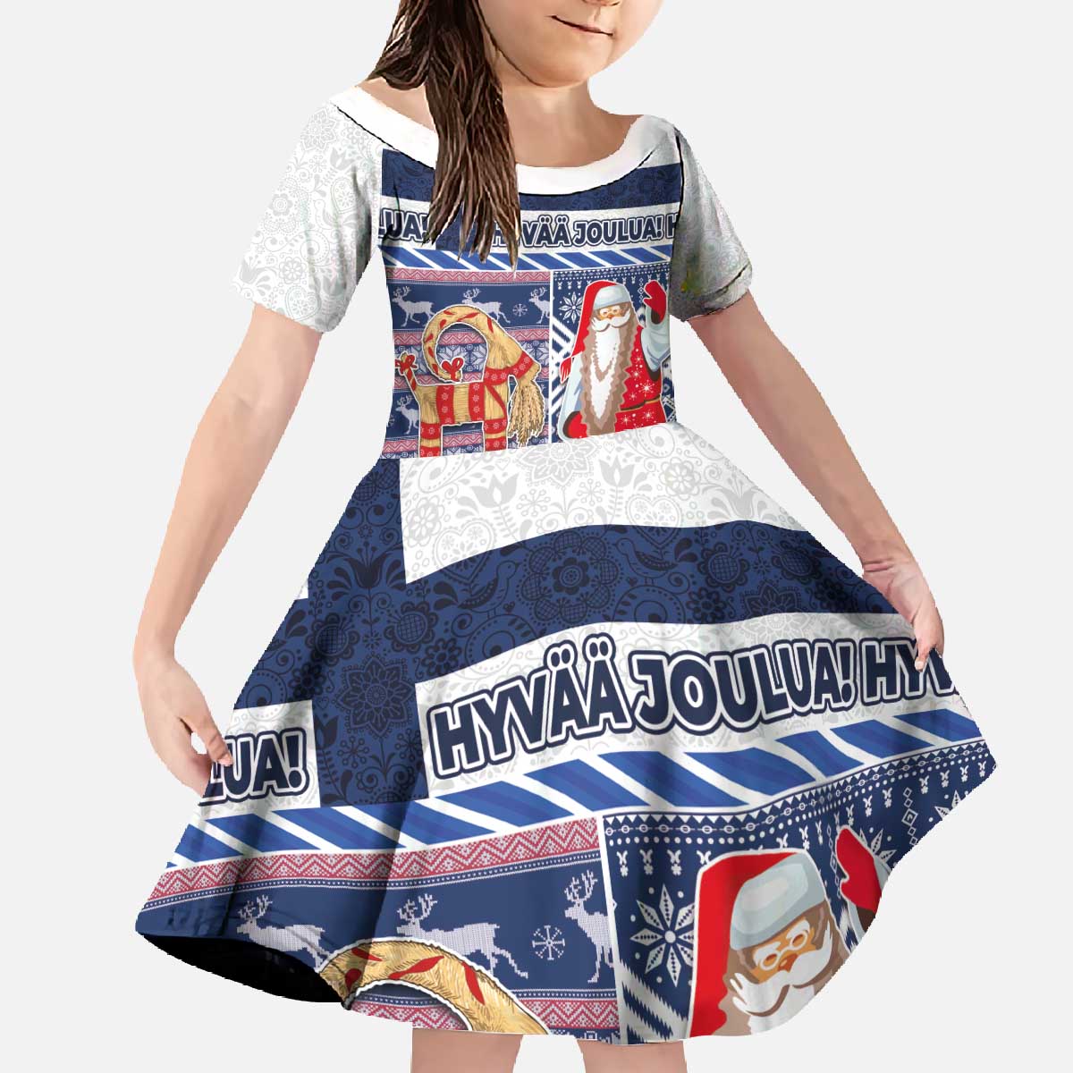 Yule Goat Joulupukki Finnish Christmas Family Matching Off The Shoulder Long Sleeve Dress and Hawaiian Shirt Scandinavian Pattern - Wonder Print Shop