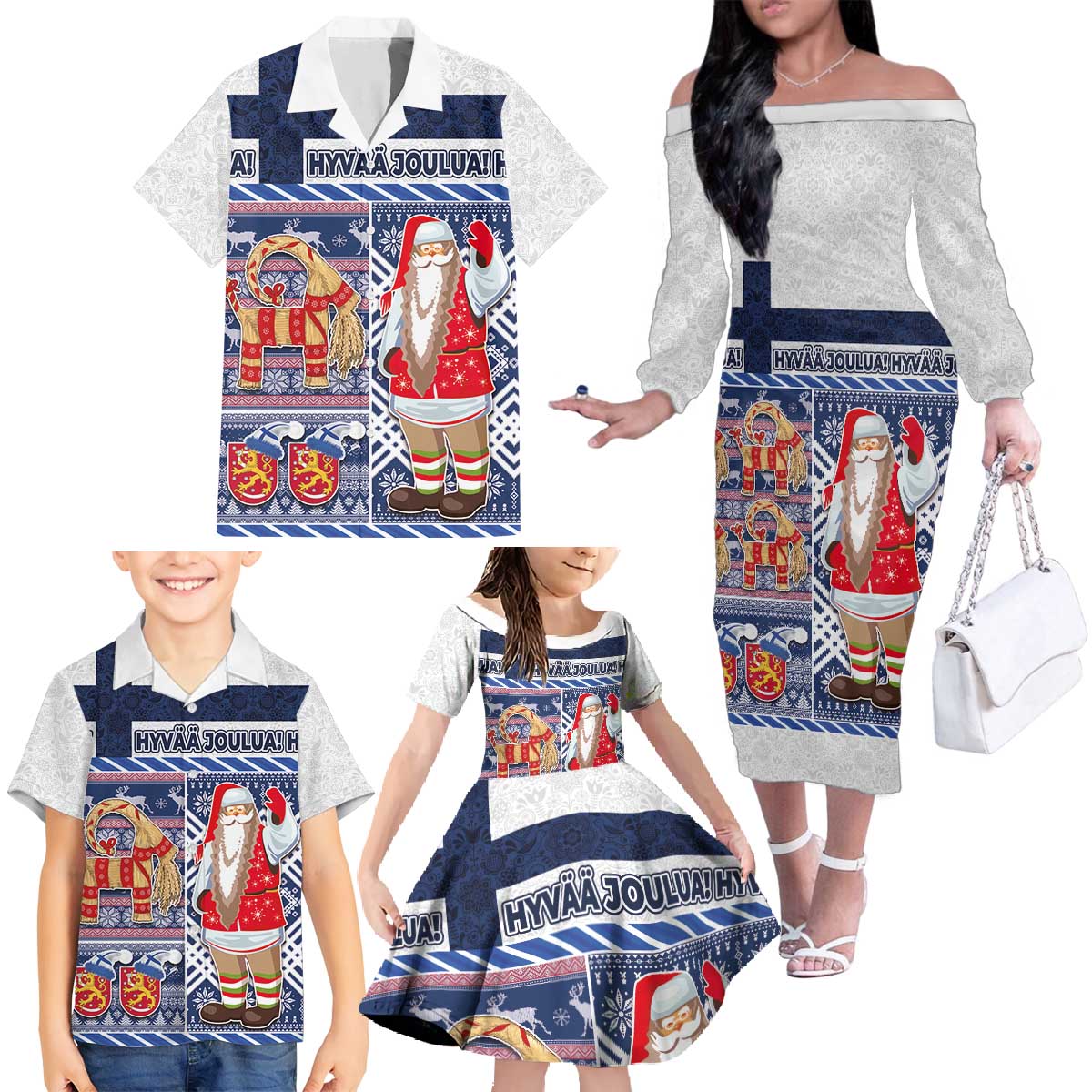 Yule Goat Joulupukki Finnish Christmas Family Matching Off The Shoulder Long Sleeve Dress and Hawaiian Shirt Scandinavian Pattern - Wonder Print Shop