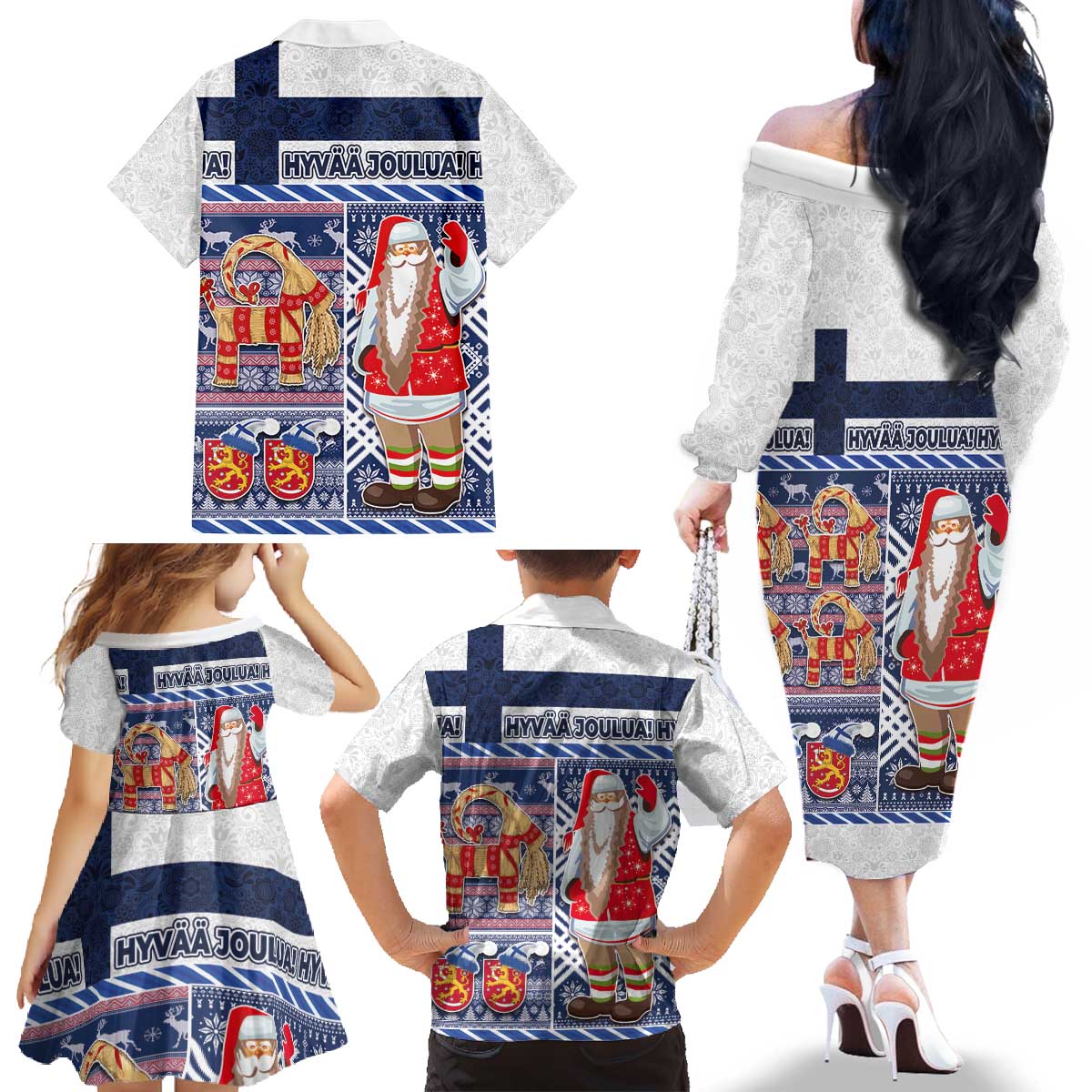 Yule Goat Joulupukki Finnish Christmas Family Matching Off The Shoulder Long Sleeve Dress and Hawaiian Shirt Scandinavian Pattern - Wonder Print Shop