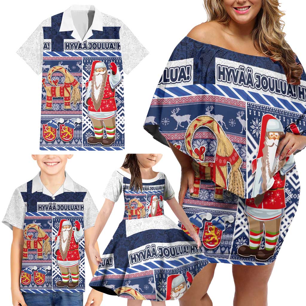 Yule Goat Joulupukki Finnish Christmas Family Matching Off Shoulder Short Dress and Hawaiian Shirt Scandinavian Pattern - Wonder Print Shop