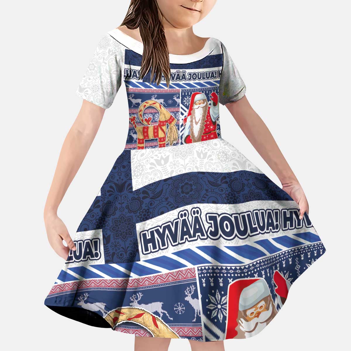 Yule Goat Joulupukki Finnish Christmas Kid Short Sleeve Dress Scandinavian Pattern - Wonder Print Shop