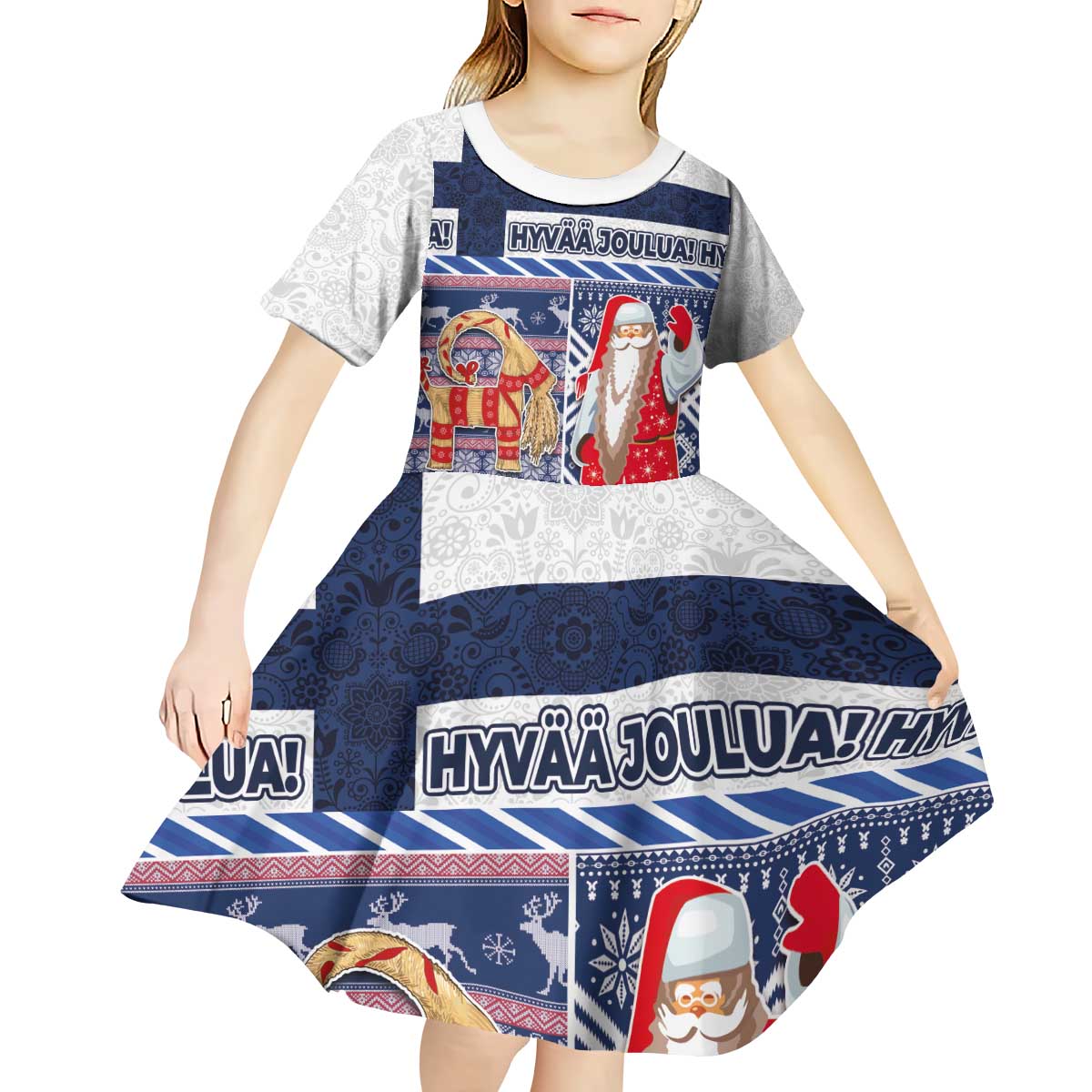 Yule Goat Joulupukki Finnish Christmas Kid Short Sleeve Dress Scandinavian Pattern - Wonder Print Shop
