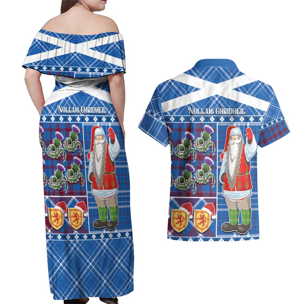 Santa Claus Thistle Scottish Christmas Couples Matching Off Shoulder Maxi Dress and Hawaiian Shirt Tartan Pattern - Wonder Print Shop