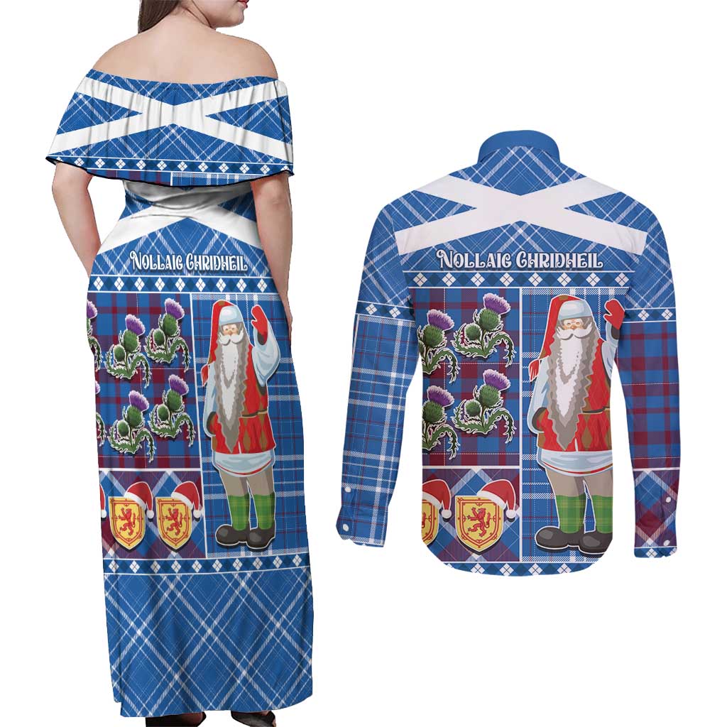 Santa Claus Thistle Scottish Christmas Couples Matching Off Shoulder Maxi Dress and Long Sleeve Button Shirt Tartan Pattern - Wonder Print Shop