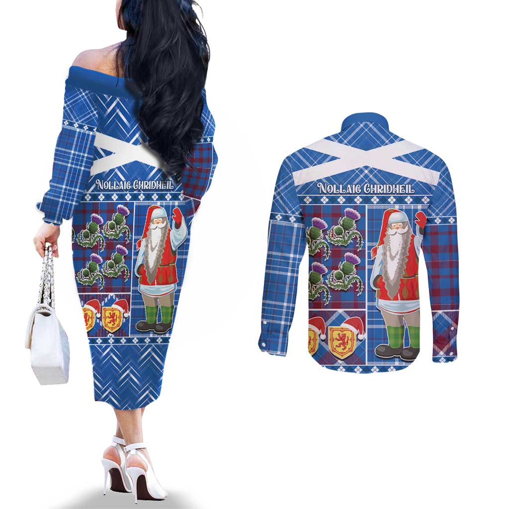 Santa Claus Thistle Scottish Christmas Couples Matching Off The Shoulder Long Sleeve Dress and Long Sleeve Button Shirt Tartan Pattern